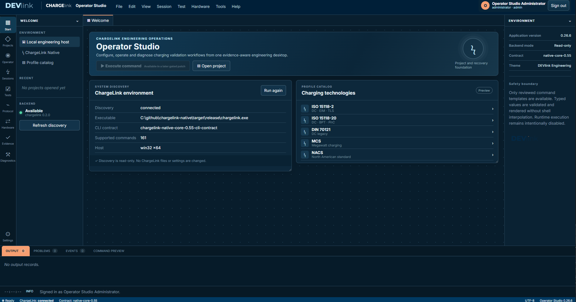 ChargeLink Operator Studio showing the engineering environment and charging profiles