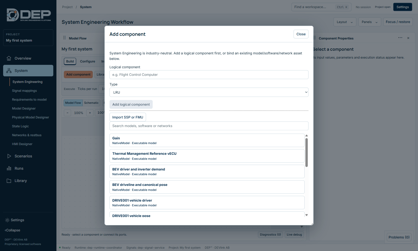 The Add component dialog.