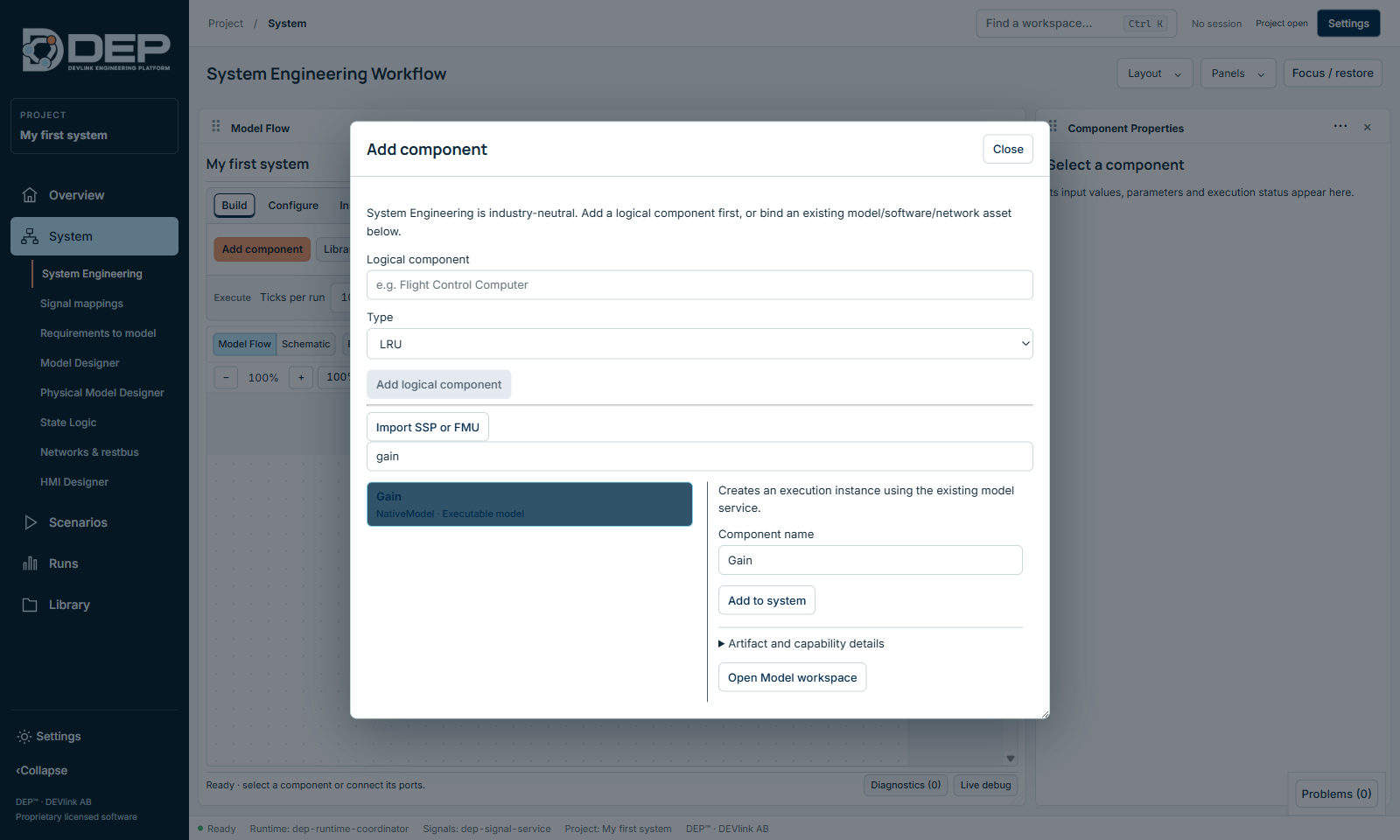 Gain selected: “Creates an execution instance using the existing model service.”