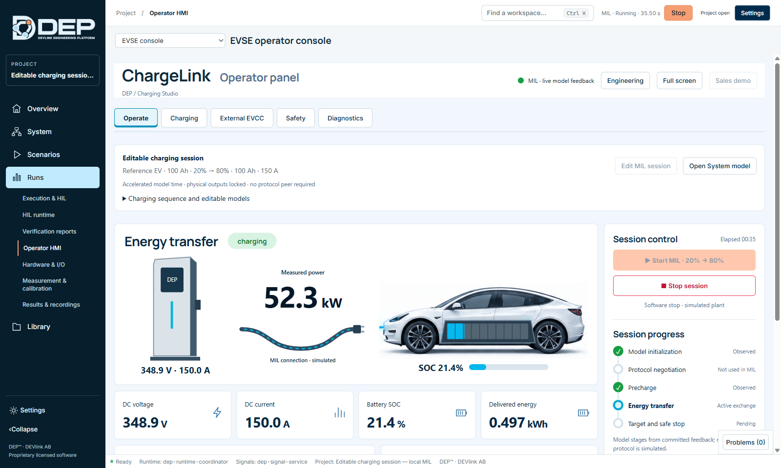 Charging: 348.6 V · 150.0 A, 52.3 kW measured, SOC rising.
