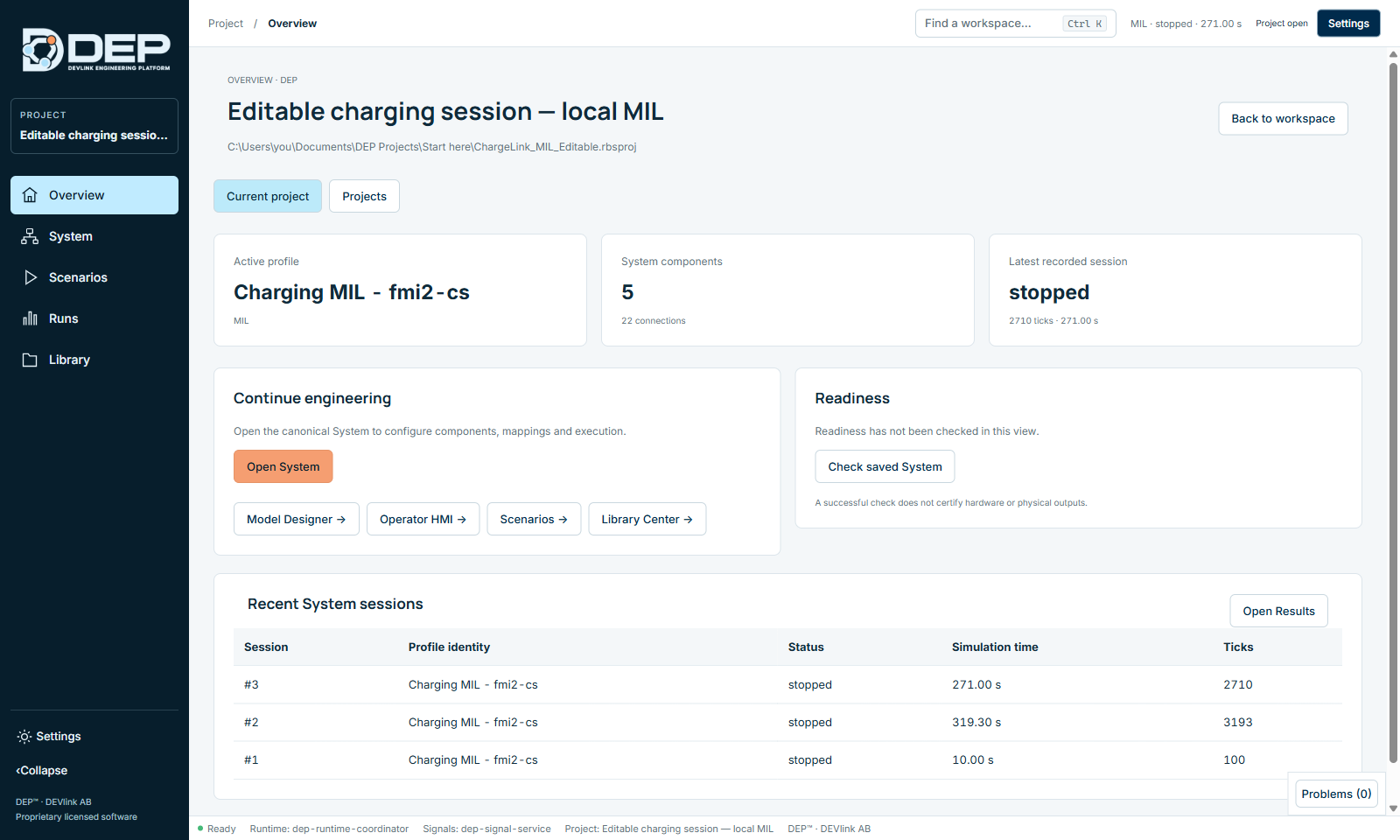 The project Overview: active profile “Charging MIL - fmi2-cs”, 5 components and 22 connections, and earlier sessions.