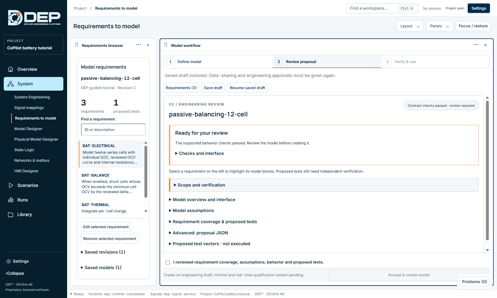 The restored draft: three requirements and the engineering review of the proposal.