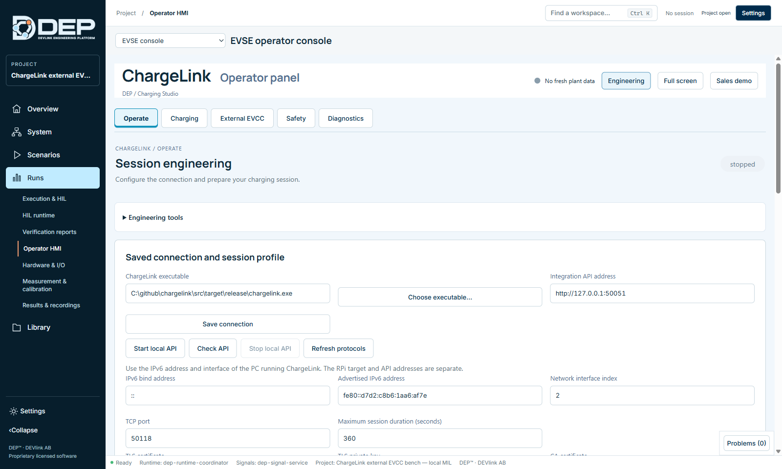 Session engineering: the saved connection, session profile, TLS files and plant execution settings.
