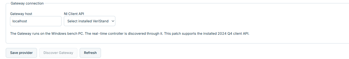 Gateway connection: Gateway host, NI Client API, Save provider and Discover Gateway.