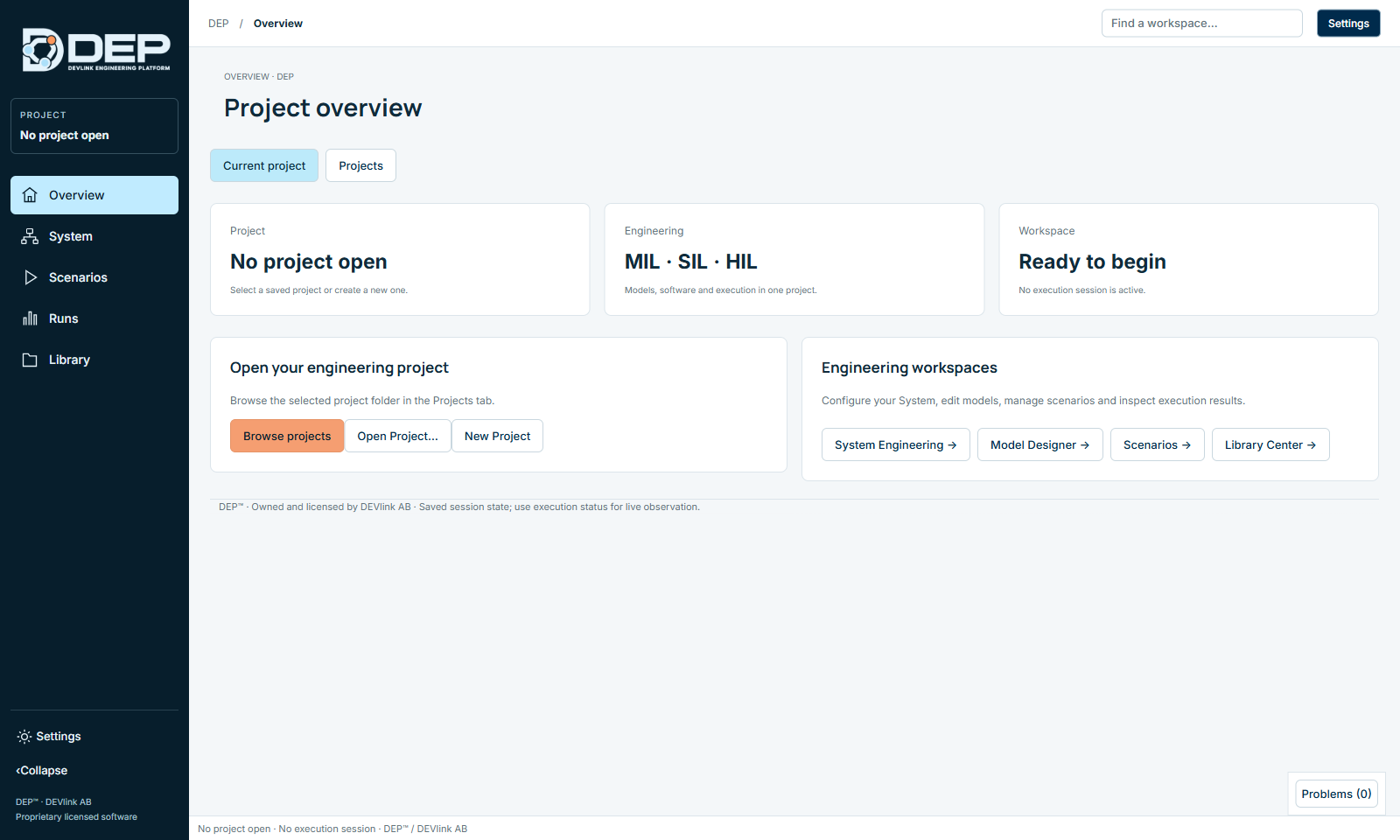The Overview when no project is open. Every other workspace asks you to open or create a project first.