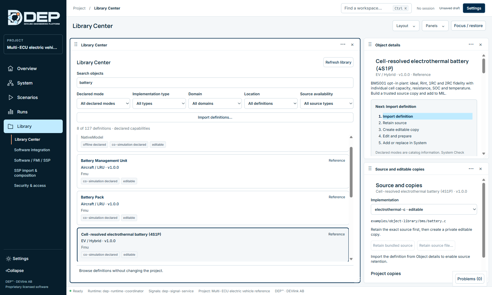 Searching “battery”: 8 of 127 definitions. The selected definition shows its next step, and Source and editable copies shows its implementation and source file.