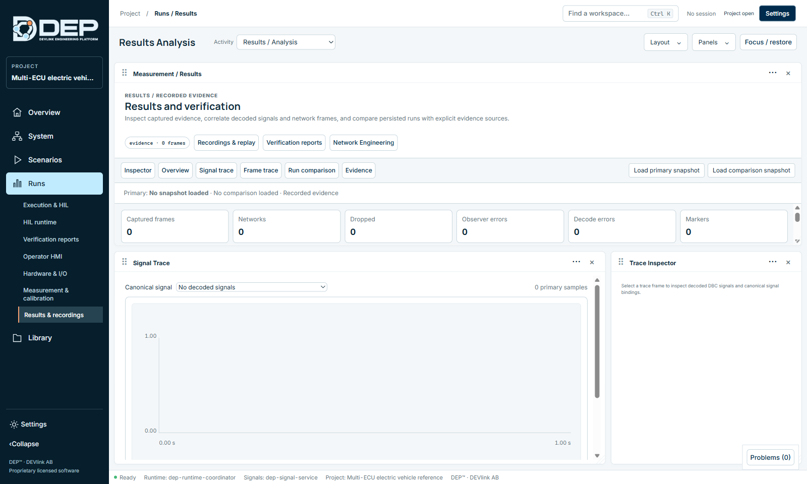 Results / Analysis: overview counters, signal trace and trace inspector.
