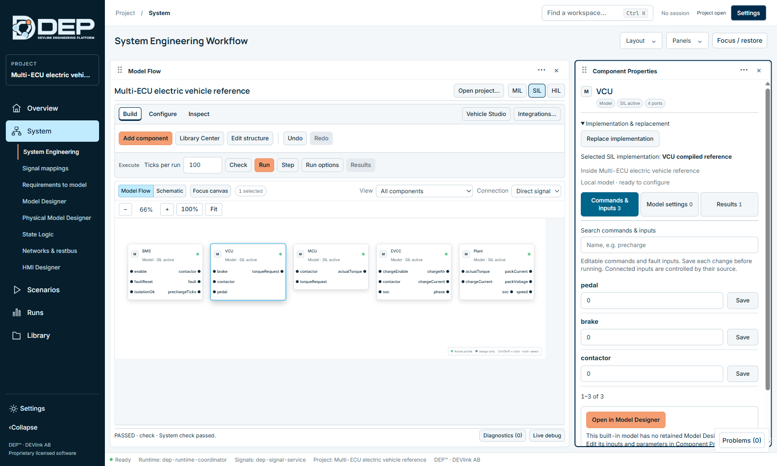 Component Properties of VCU with Implementation & replacement expanded: the selected SIL implementation and the editable inputs.