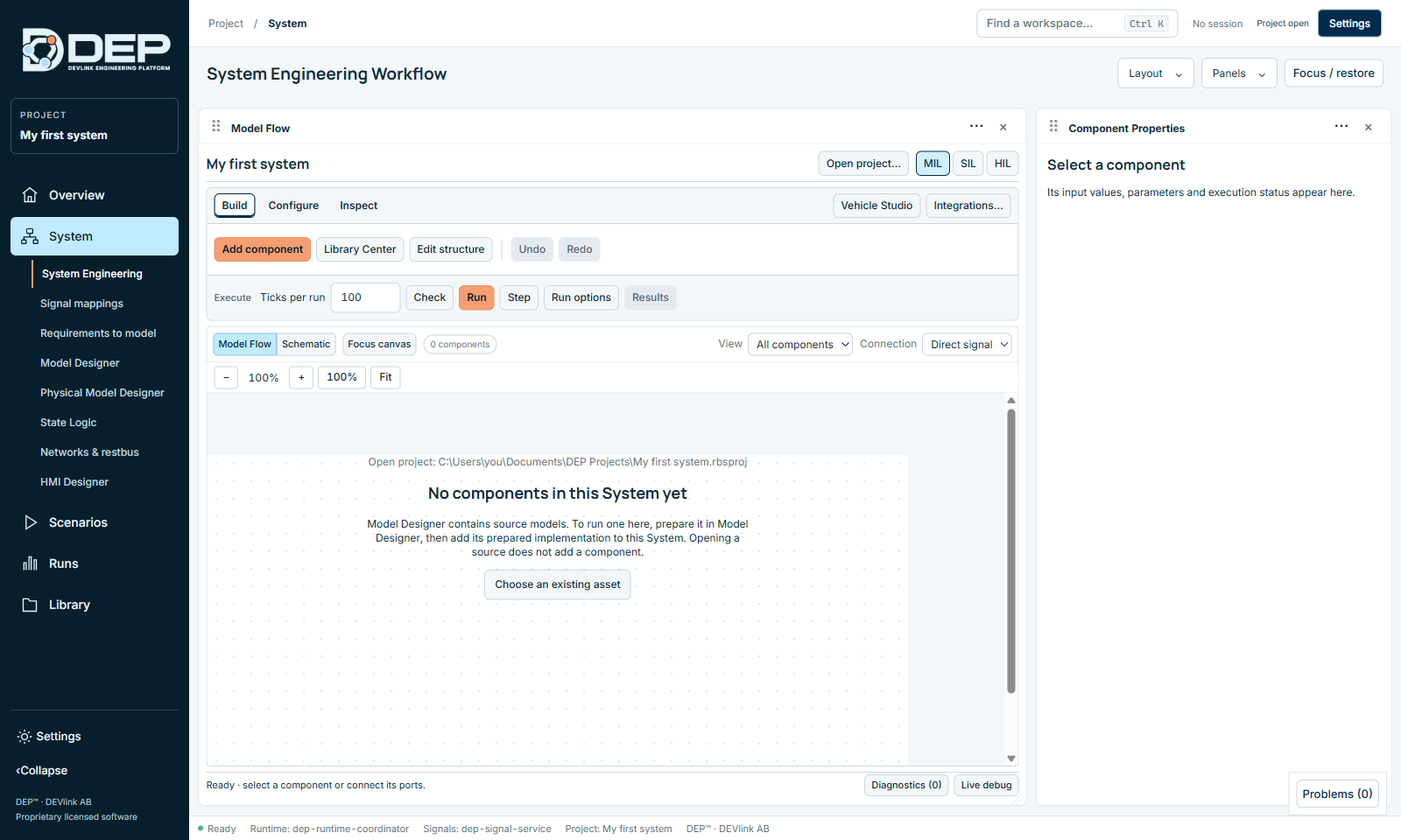 An empty System. “Choose an existing asset” lets you add a prepared model or software asset.