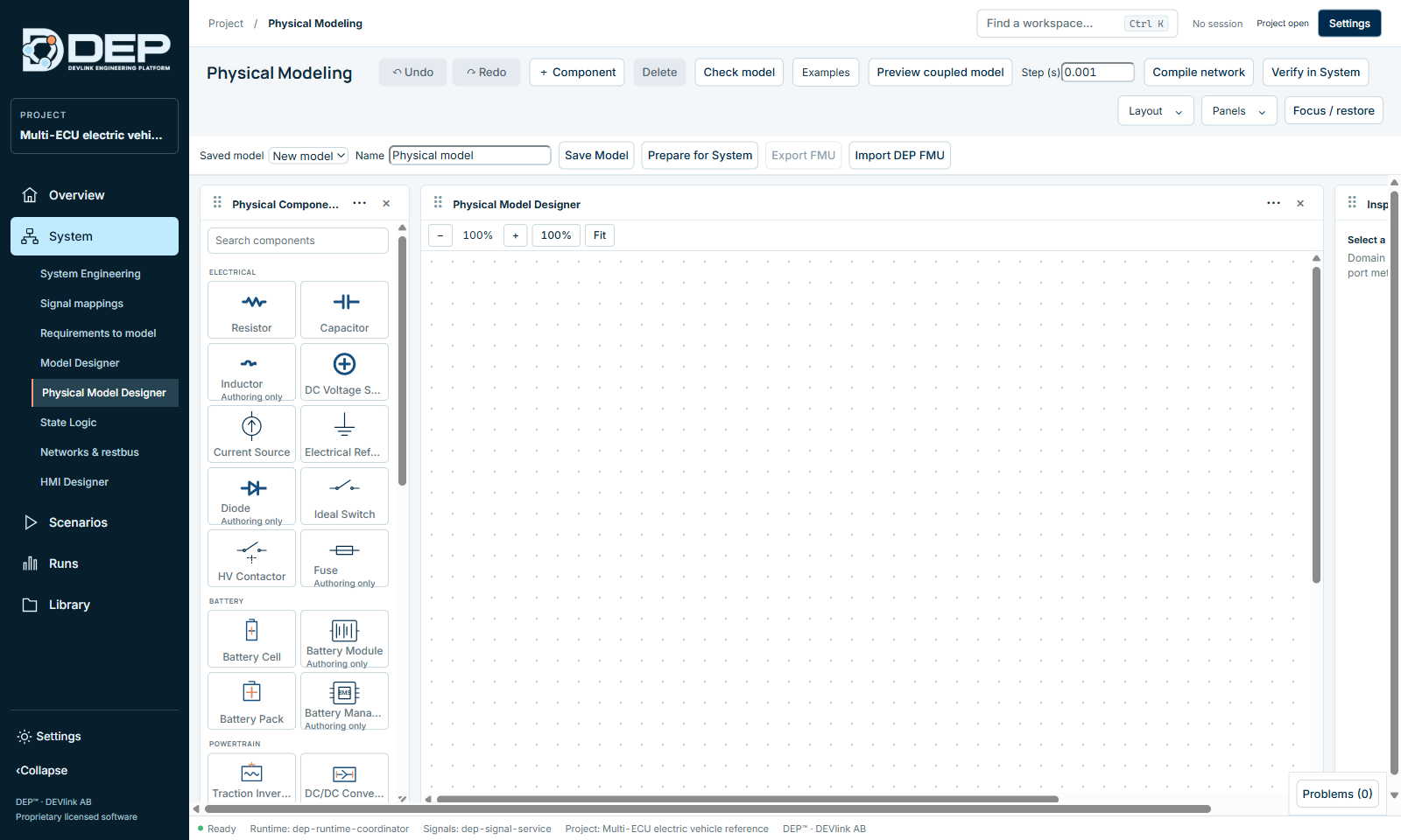 Physical Modeling: the component library, the empty canvas and the inspector.