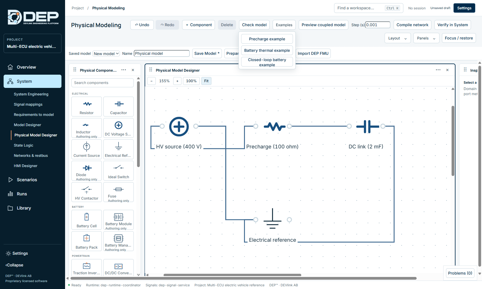 The Precharge example. The Examples menu also offers a battery thermal example and a closed-loop battery example.