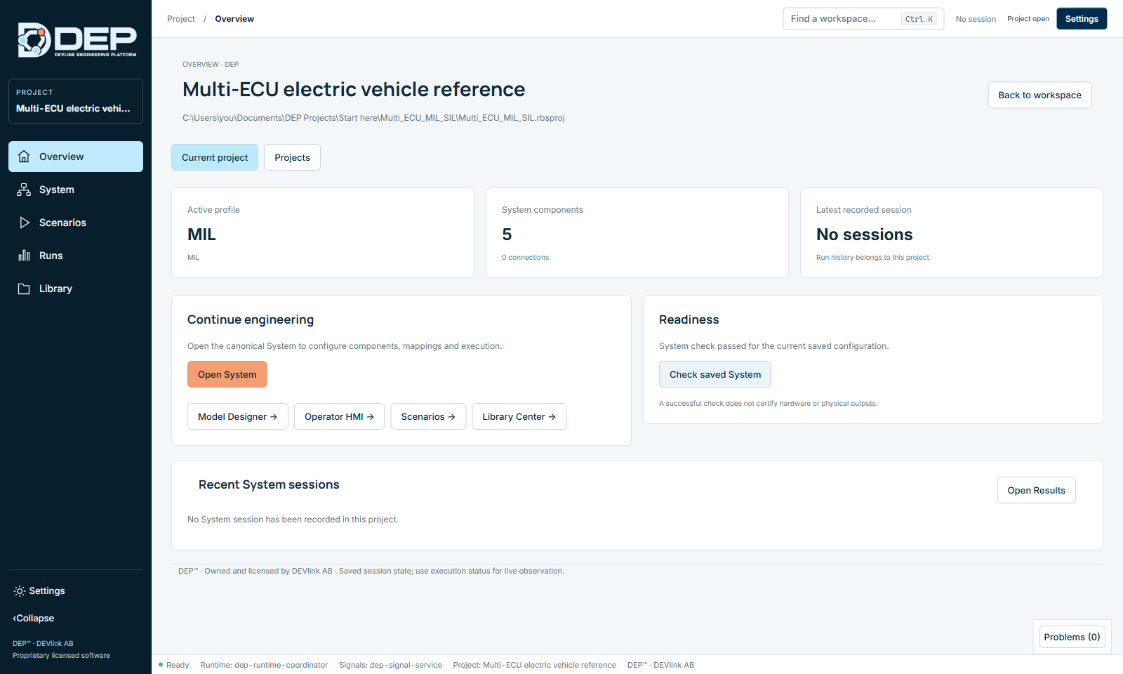 The Project overview after opening the “Multi ECU powertrain coordination” starter and pressing Check saved System.