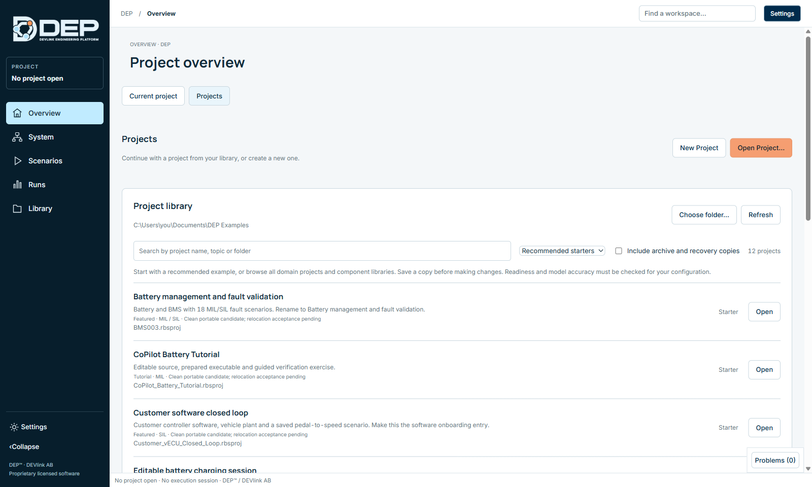 Overview → Projects with the bundled examples: nine Featured starters and three Tutorials.