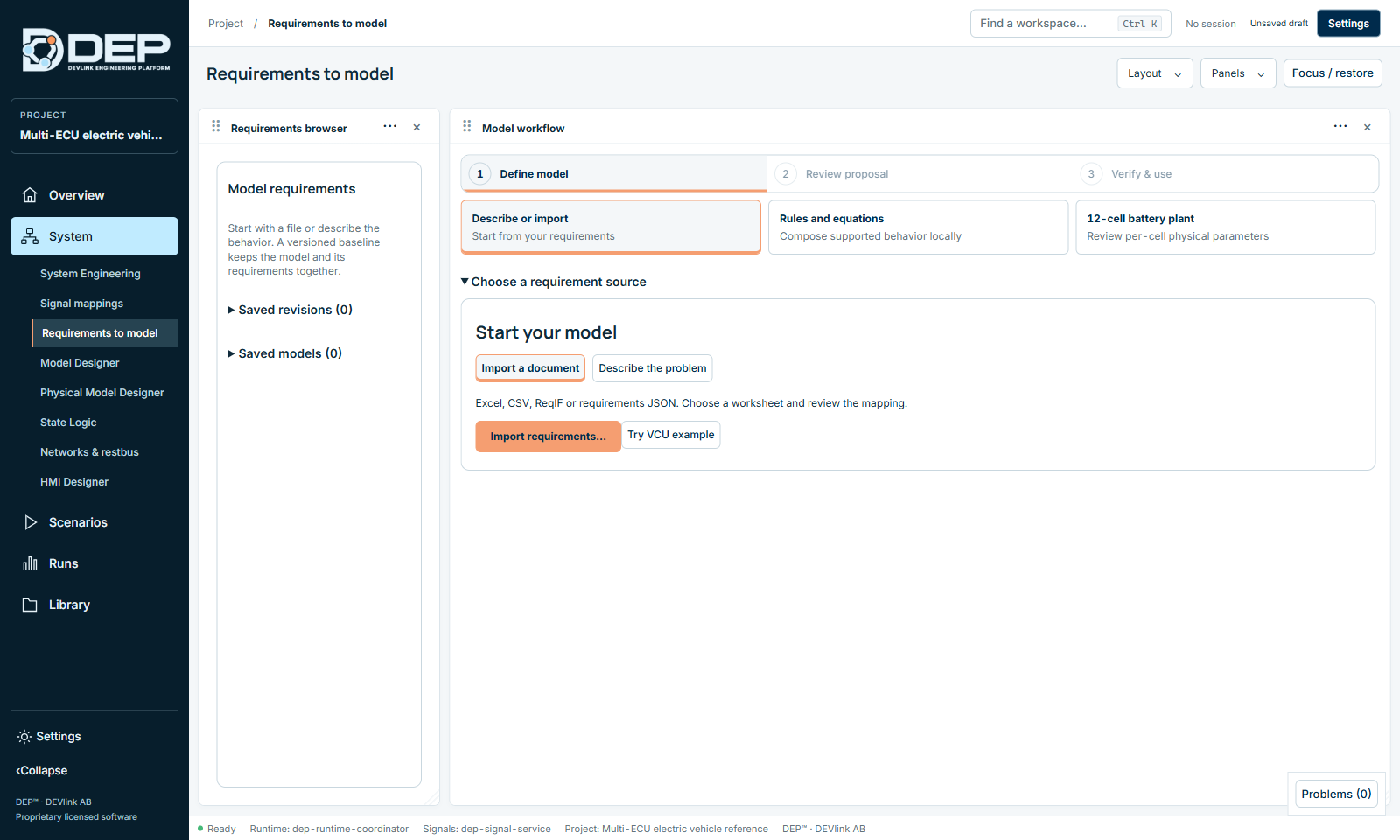 Requirements to model: the requirements browser on the left, the three-step model workflow on the right.