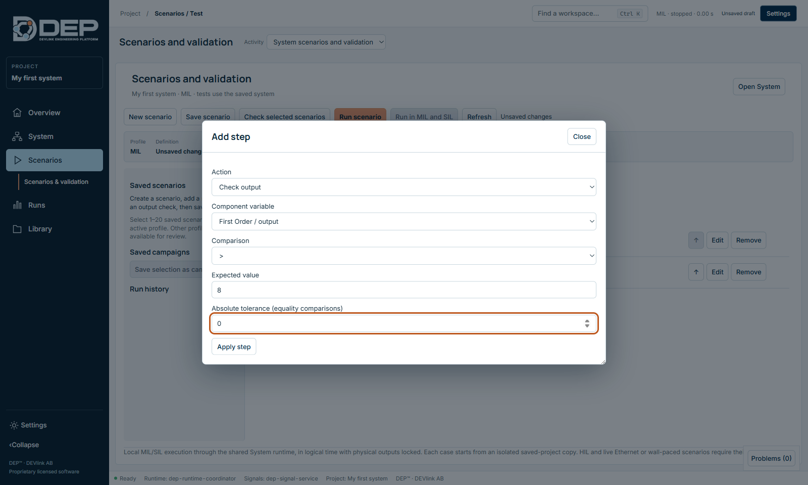Add step → Check output with comparison, expected value and tolerance.
