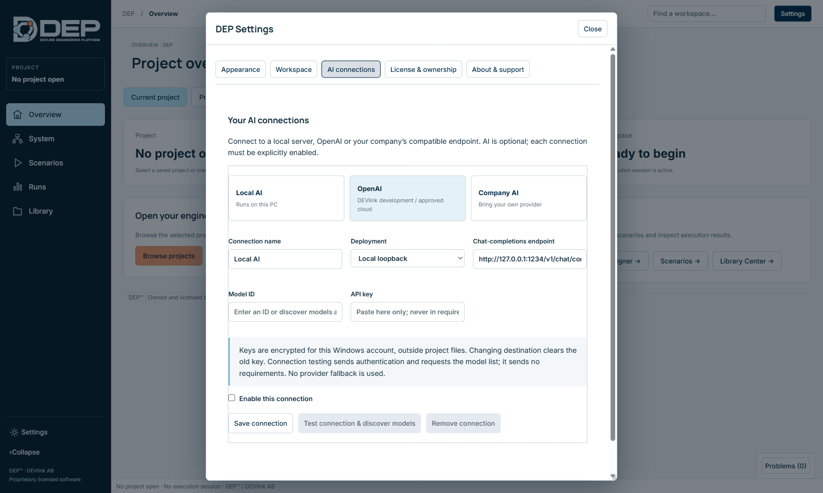 Settings → AI connections. AI is optional and each connection must be enabled explicitly.