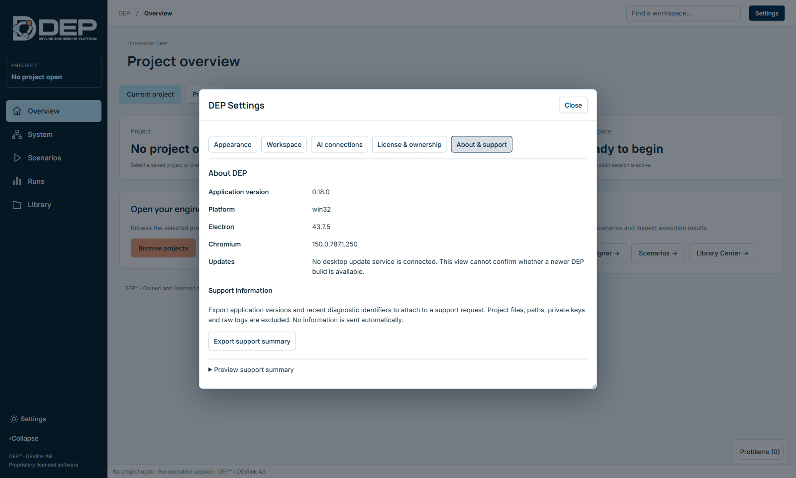 Settings → About & support.