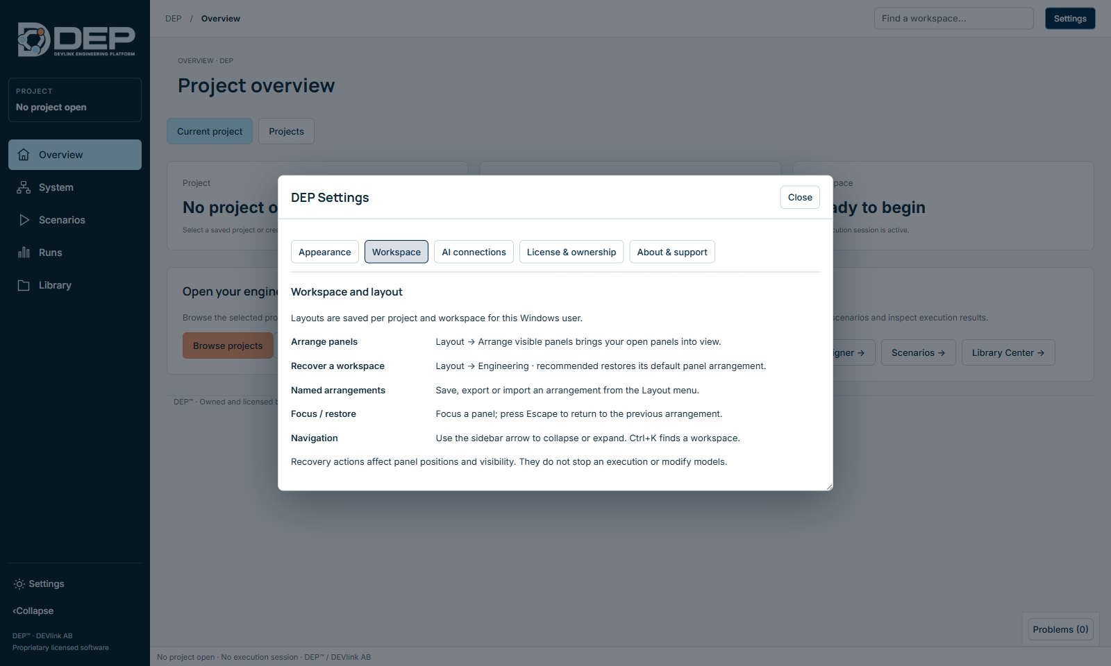 Settings → Workspace: reminders for arranging and recovering panels.
