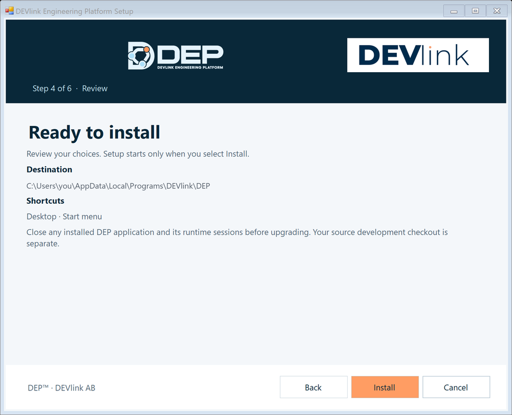 Step 4 of 6 · Review. Setup starts only when you select Install.
