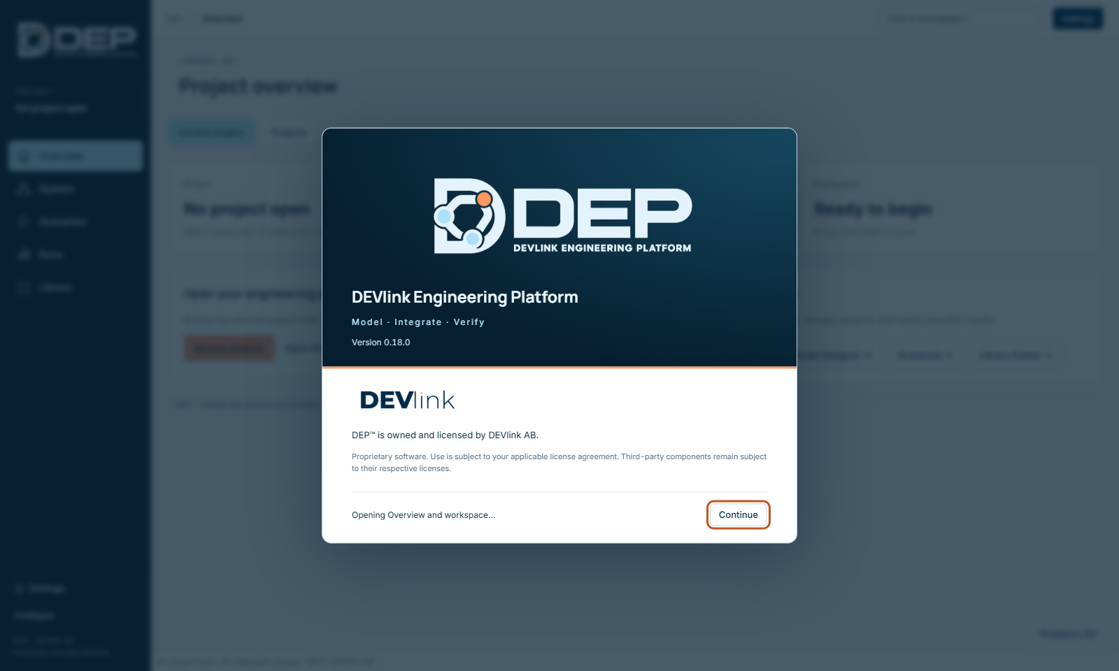The launch splash: “Model · Integrate · Verify”, the version and the loading status.