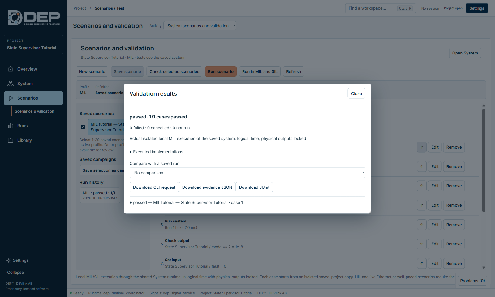 The saved scenario runs the full enable → fault → reset sequence and passes.