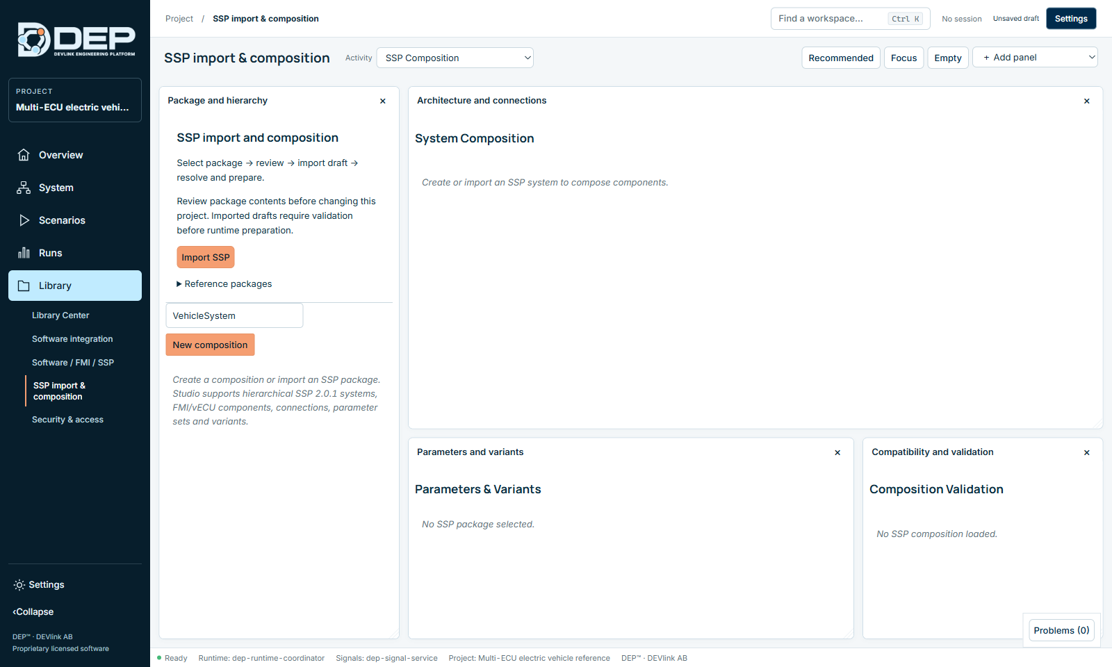 SSP import & composition: package and hierarchy, architecture and connections, parameters and variants, compatibility and validation.
