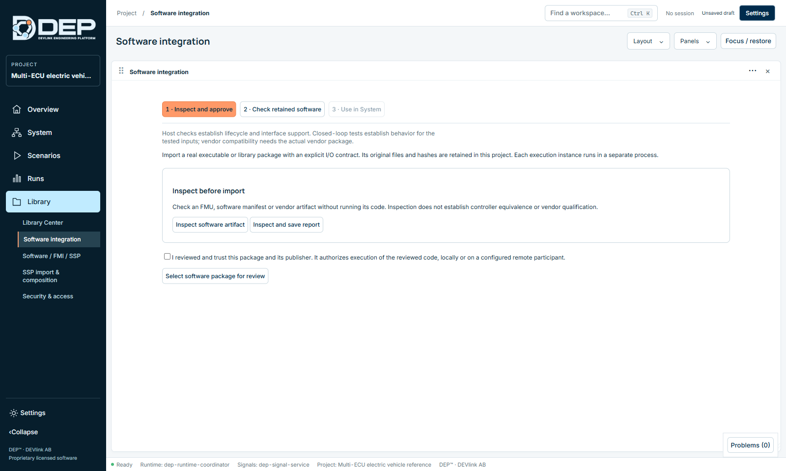 Software integration: inspect an artifact without running it, then approve it explicitly.