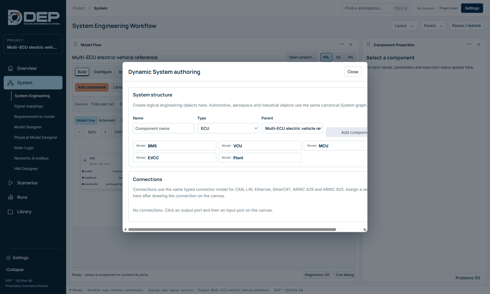 Edit structure opens Dynamic System authoring. System structure lists every component. Connections lets you assign a network to a connection after you draw it on the canvas.