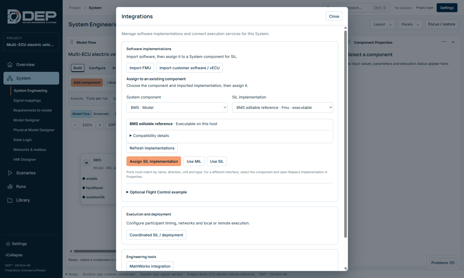 Integrations: import software, assign a SIL implementation to a component, switch MIL and SIL, and open coordinated SIL and engineering tools.