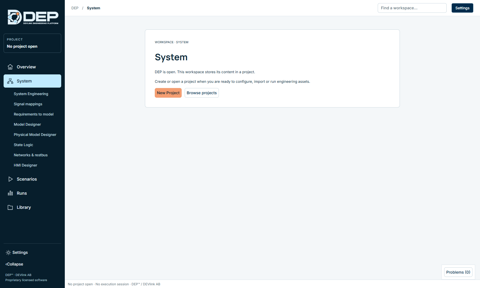 A workspace without an open project.